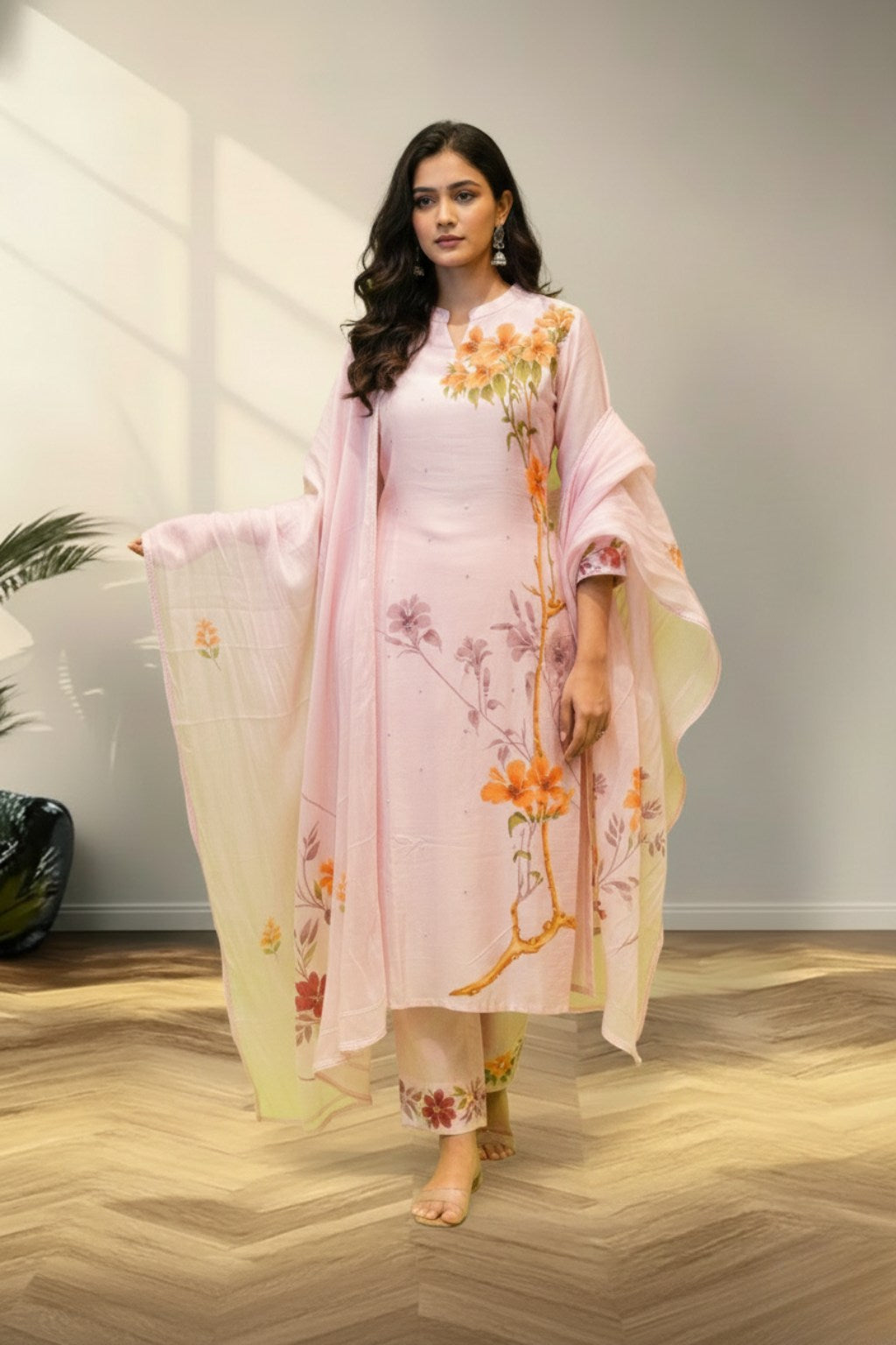 Baby pink tusser silk kurti set