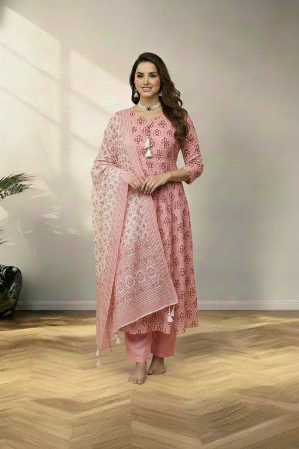 Round cotton red kurti set