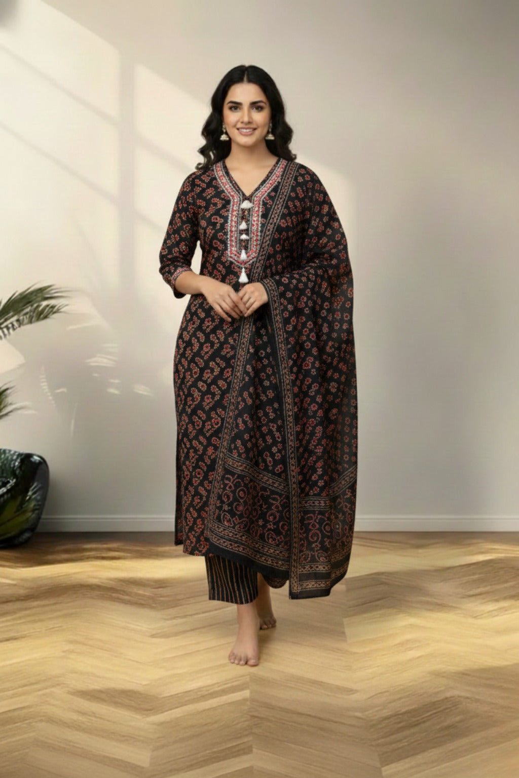 Round neckline crape kurti set