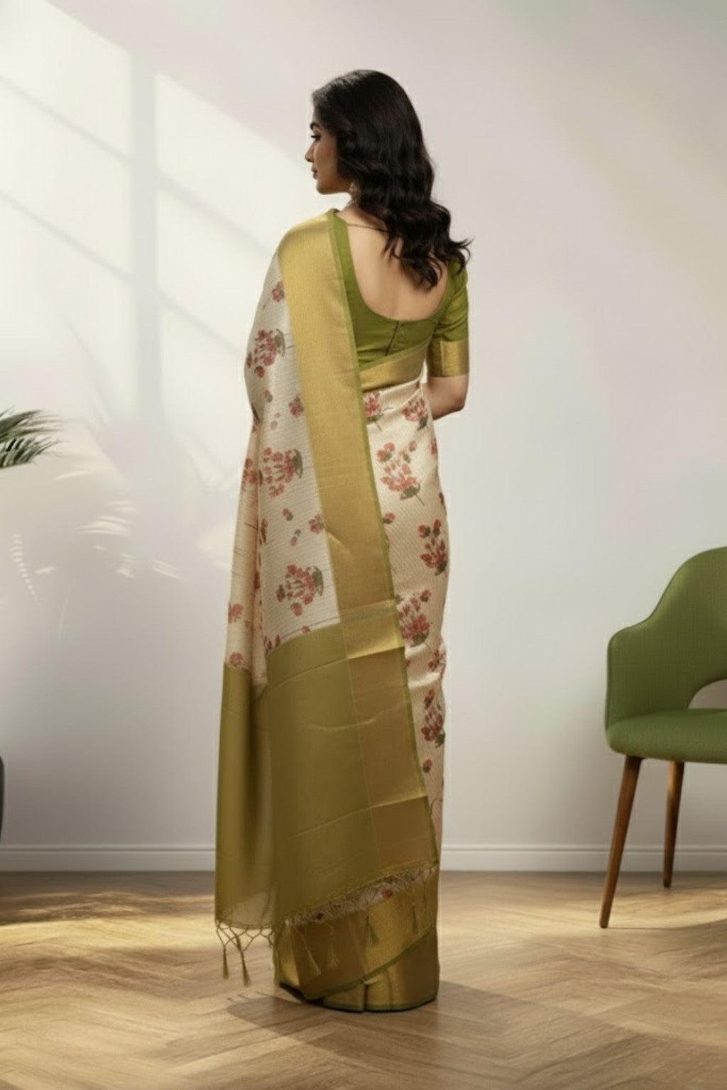 Golden & cream digital print kanchi saree