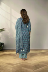 Round neckline gray cotton kurti set