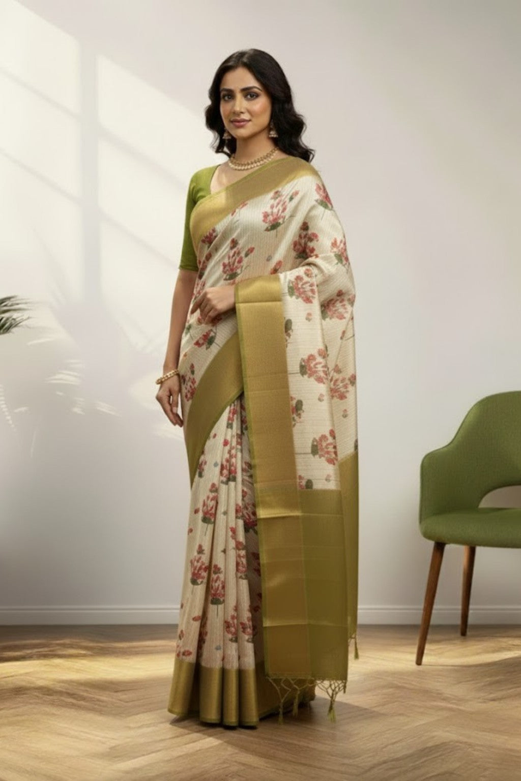 Golden & cream digital print kanchi saree