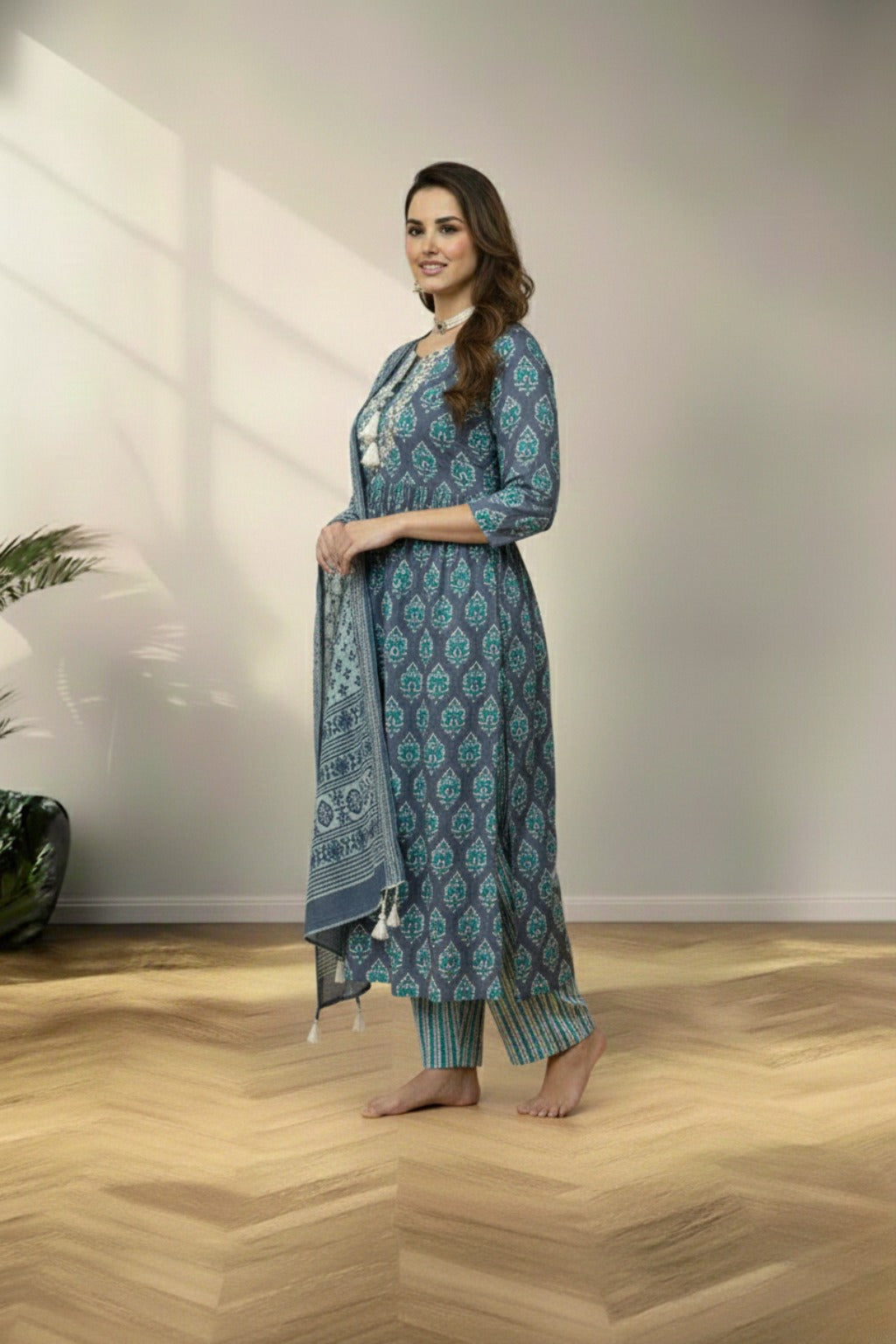 Round neckline gray cotton kurti set
