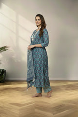 Round neckline gray cotton kurti set