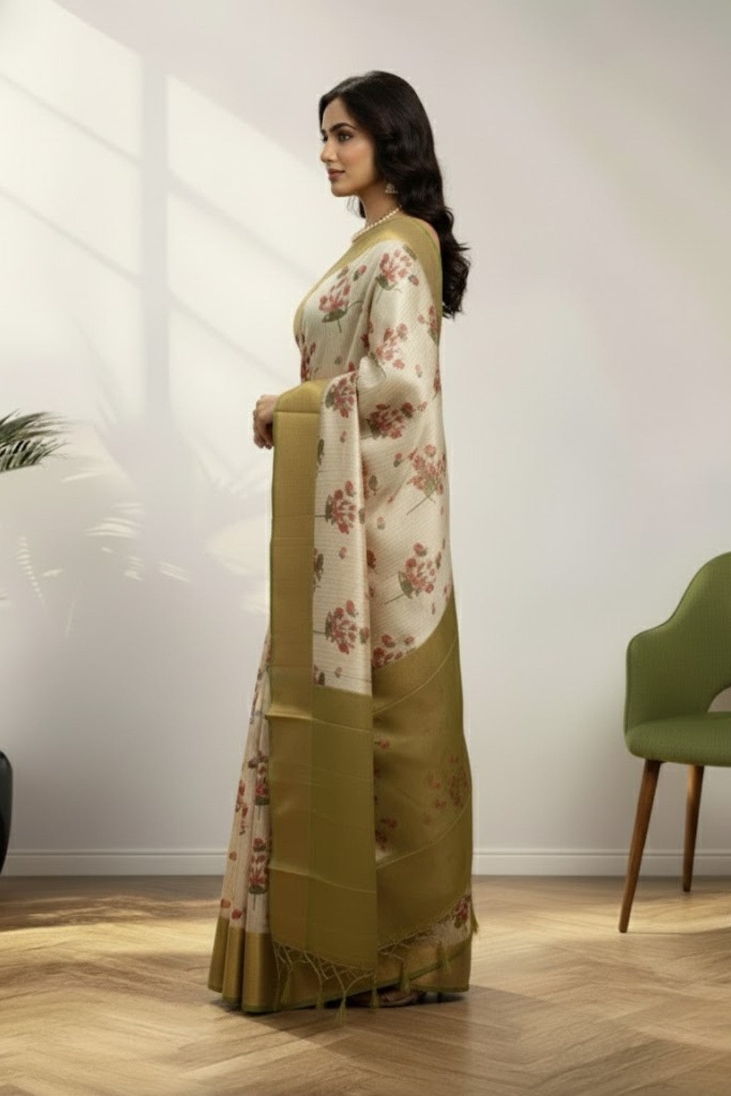 Golden & cream digital print kanchi saree