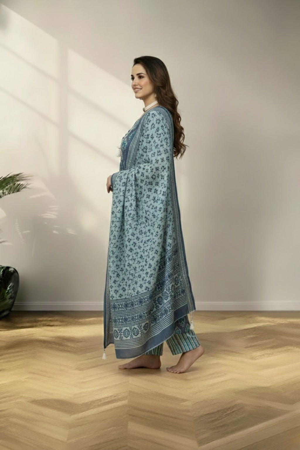 Round neckline gray cotton kurti set