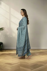 Round neckline gray cotton kurti set