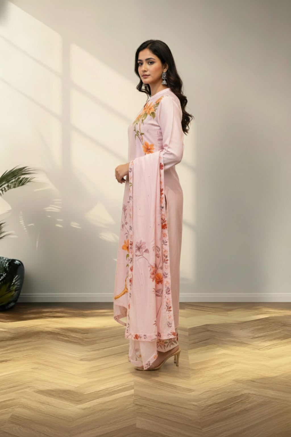 Baby pink tusser silk kurti set
