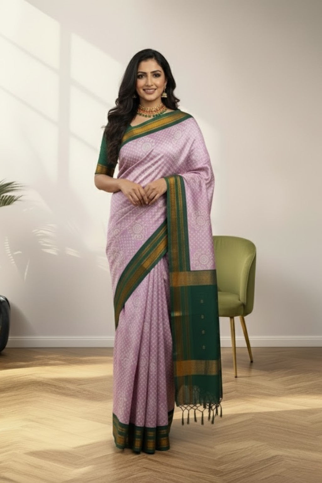 Pink & green border kanchi digital print