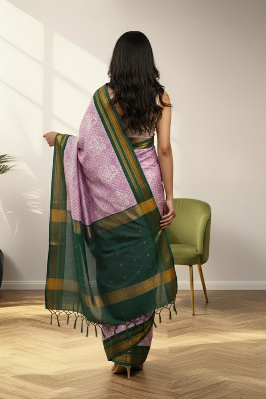 Pink & green border kanchi digital print