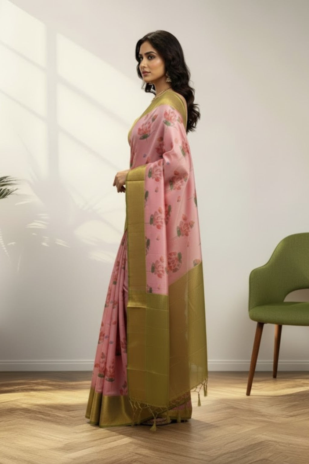 Pink & yellow digital kanchi saree