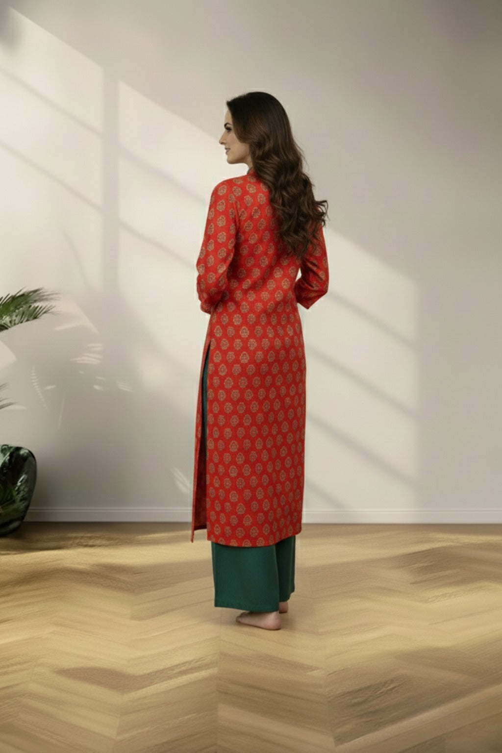 Slit neck red cotton kurti set