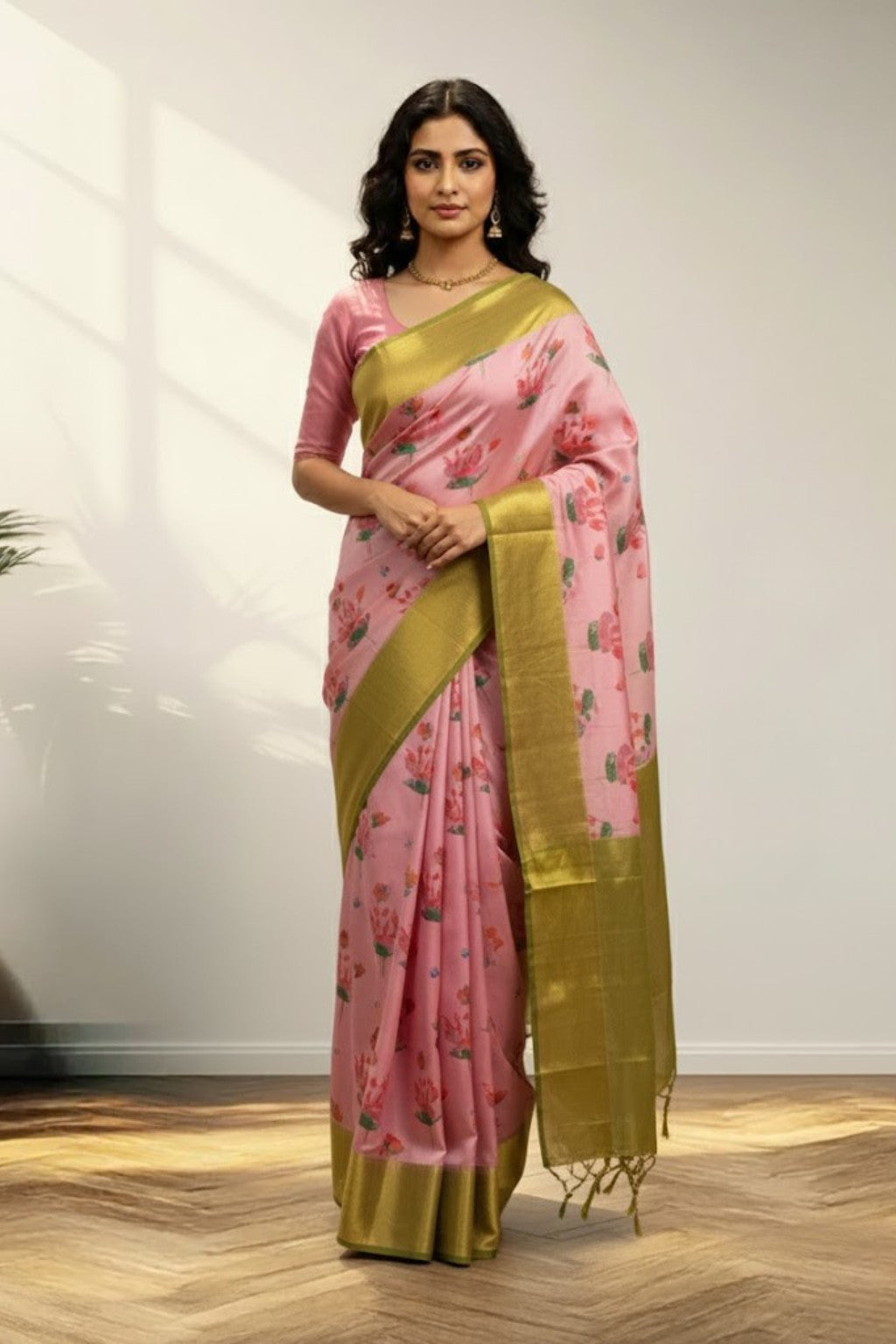 Pink & yellow digital kanchi saree