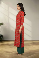 Slit neck red cotton kurti set