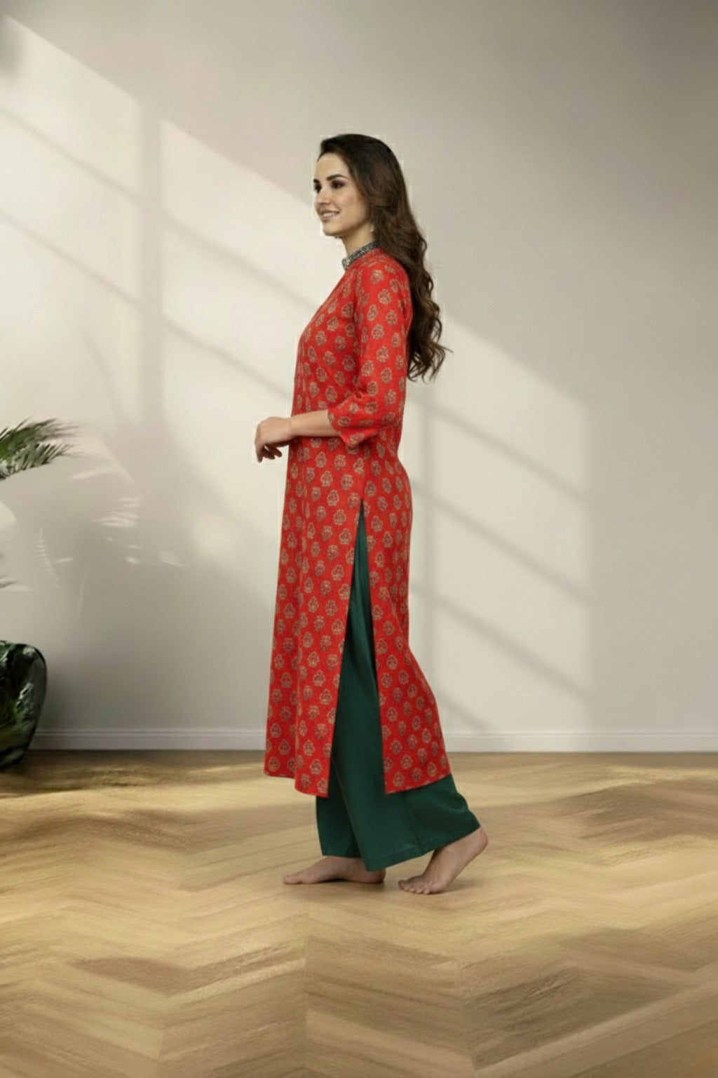 Slit neck red cotton kurti set