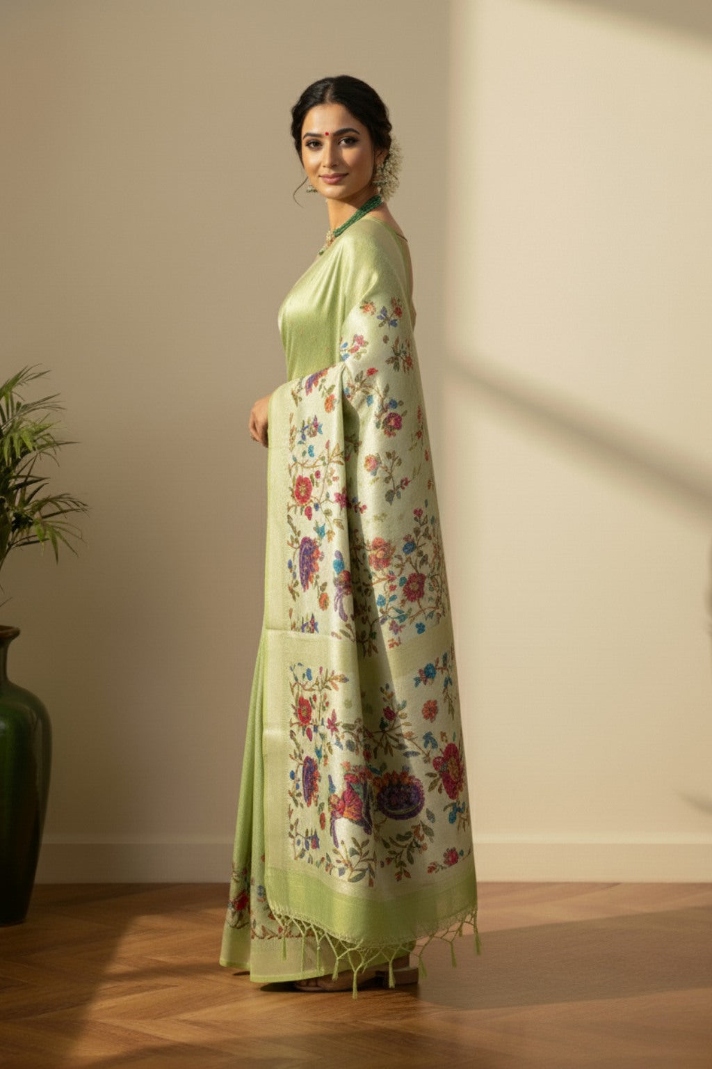 Pastel green with white border banarasi saree