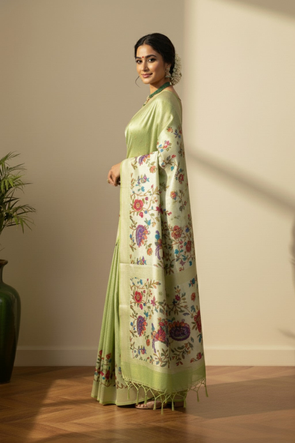 Pastel green with white border banarasi saree