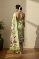 Pastel green with white border banarasi saree