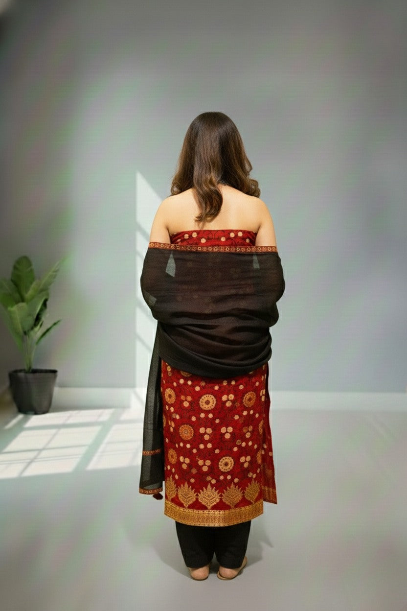 Red floral cotton kurti material