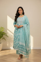 Squre neckline cotton ice blue kurti set