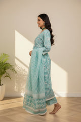 Squre neckline cotton ice blue kurti set