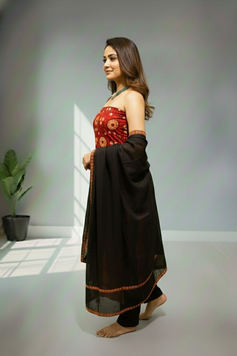 Red floral cotton kurti material