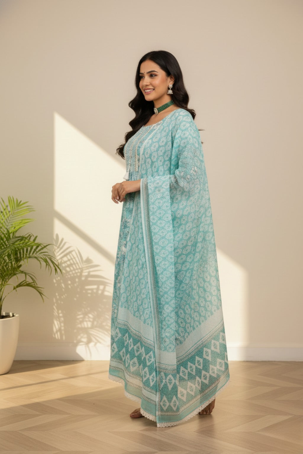 Squre neckline cotton ice blue kurti set