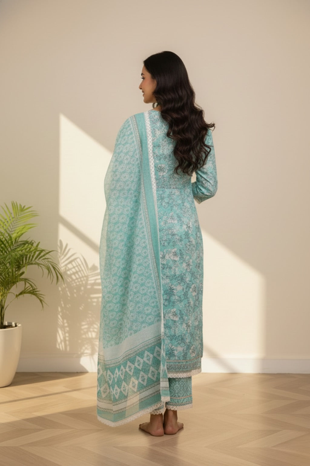 Squre neckline cotton ice blue kurti set