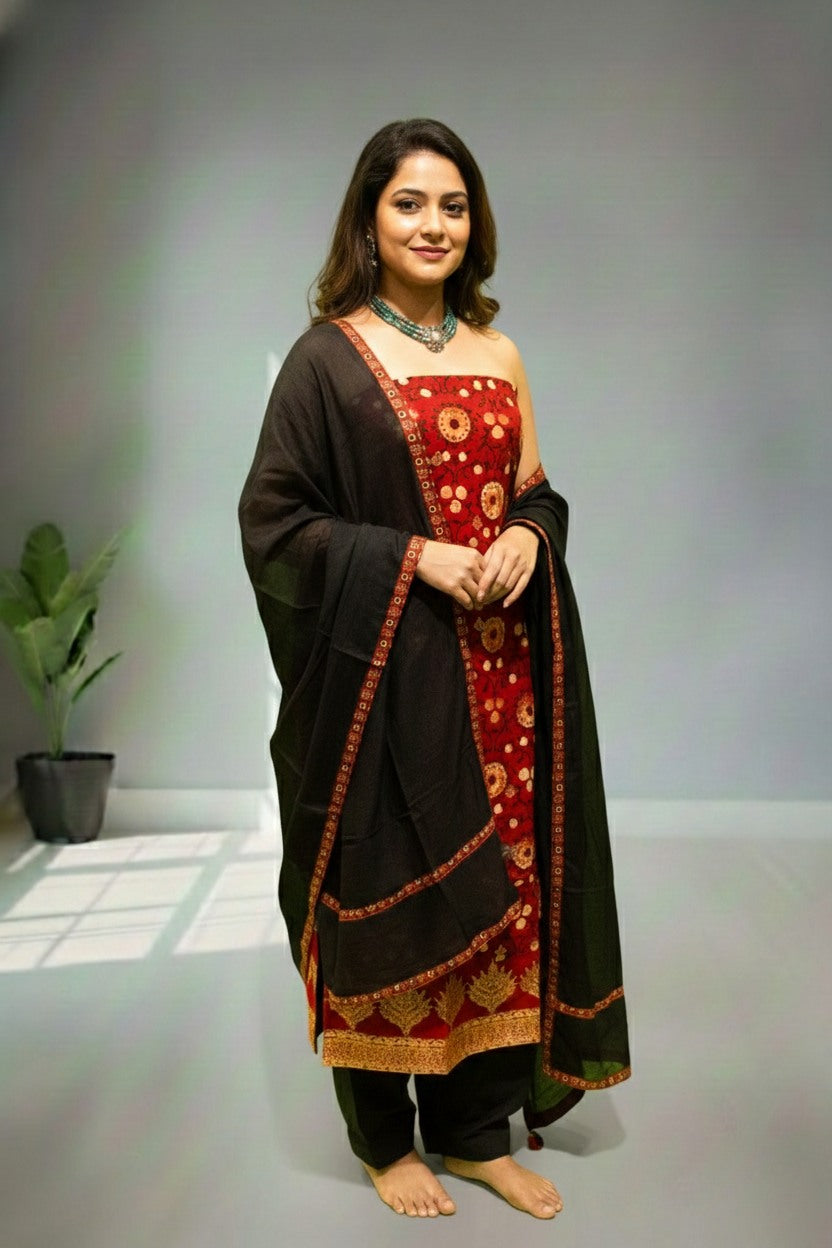 Red floral cotton kurti material