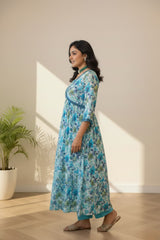 Squre neckline powder blue cotton kurti set