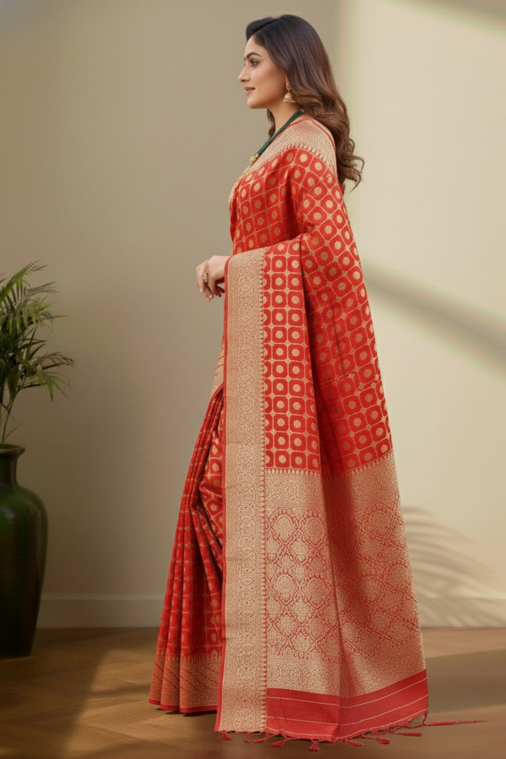 Red with golden banarasi saree