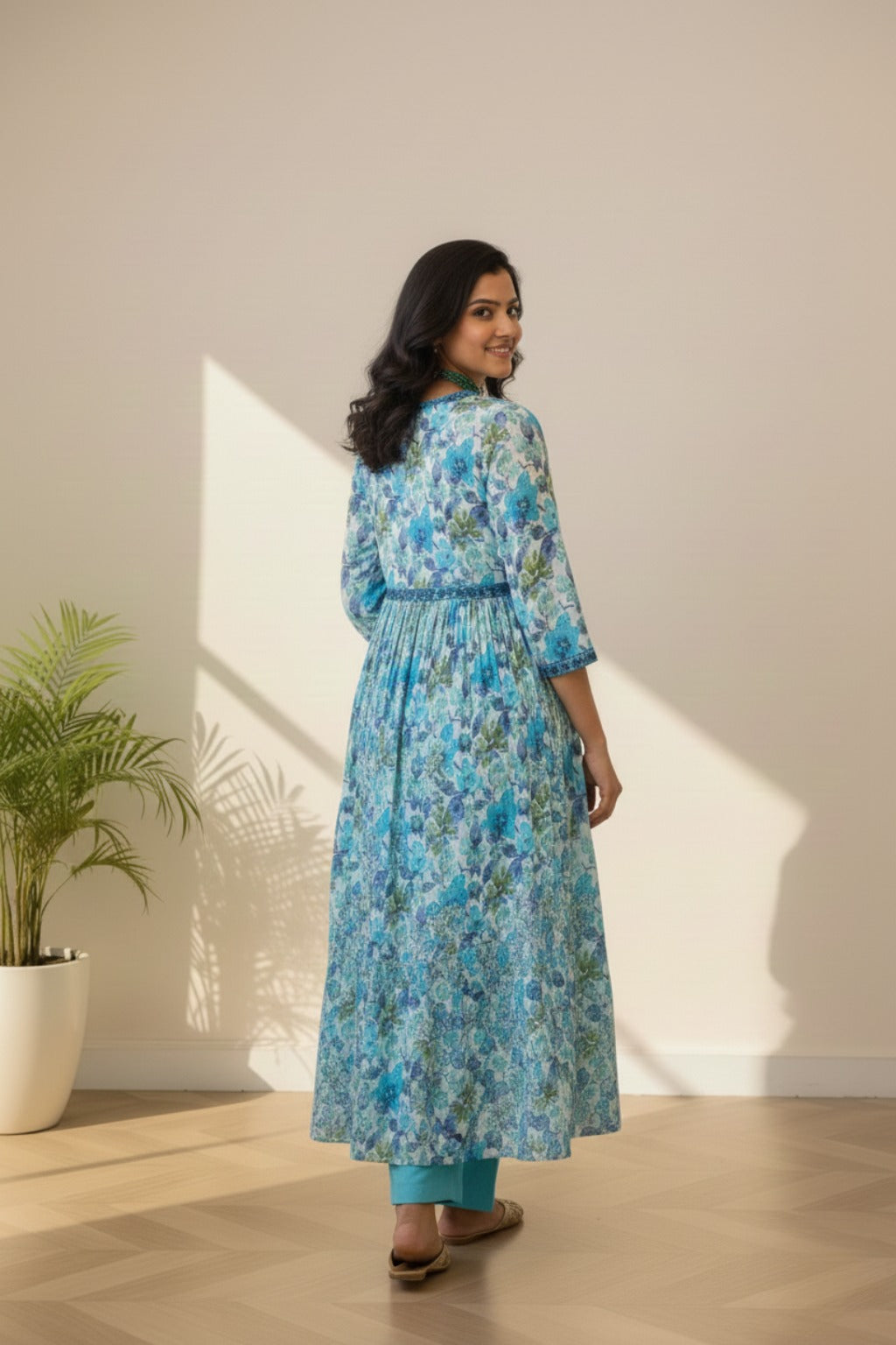 Squre neckline powder blue cotton kurti set