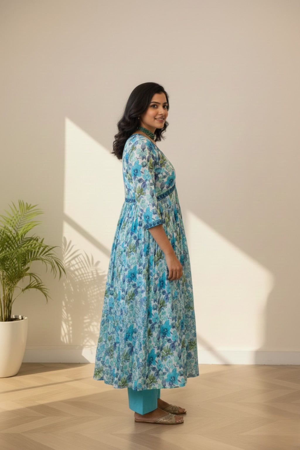 Squre neckline powder blue cotton kurti set