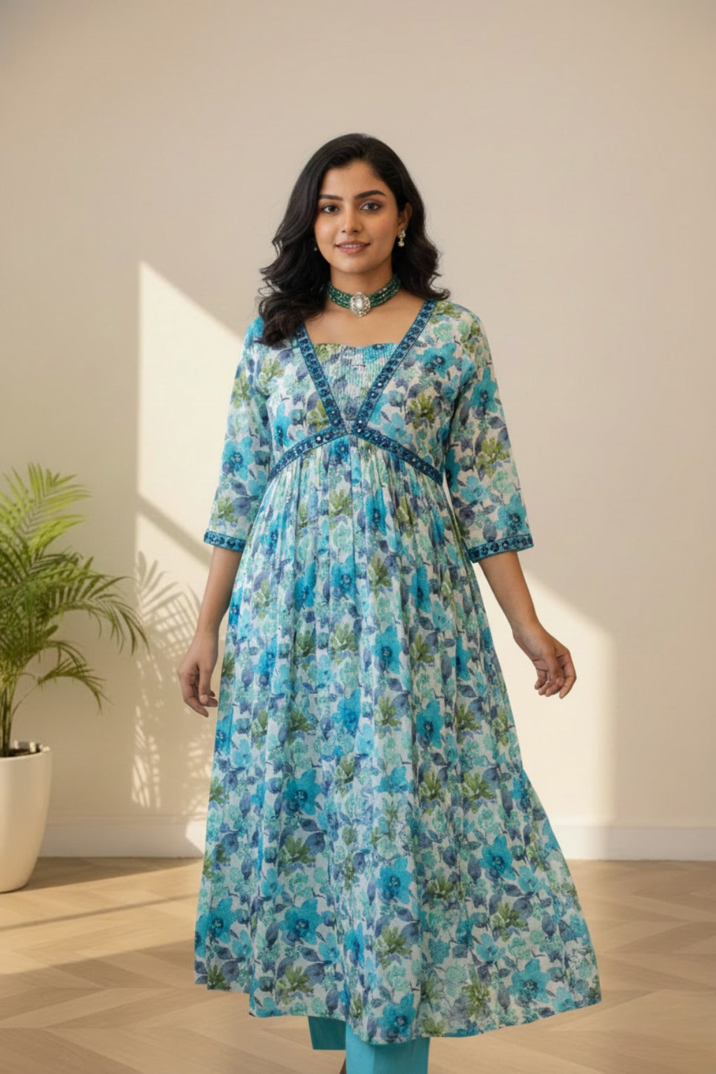 Squre neckline powder blue cotton kurti set