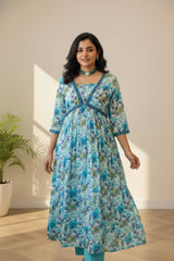 Squre neckline powder blue cotton kurti set