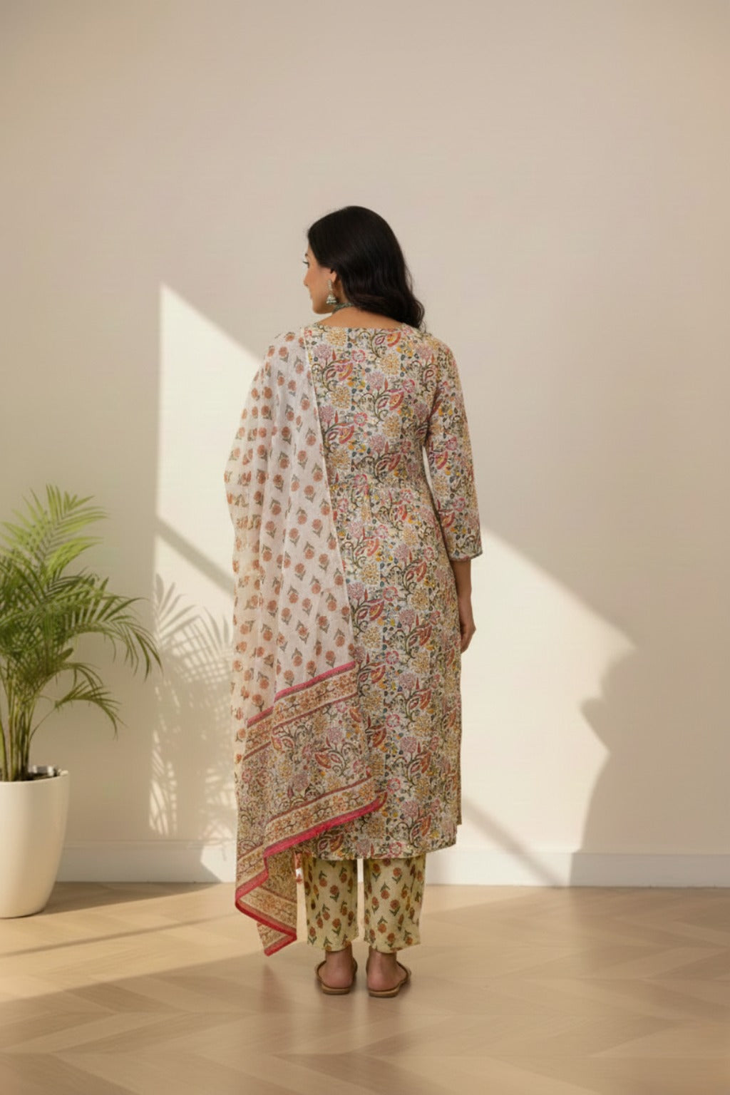 V neck cotton kurti set