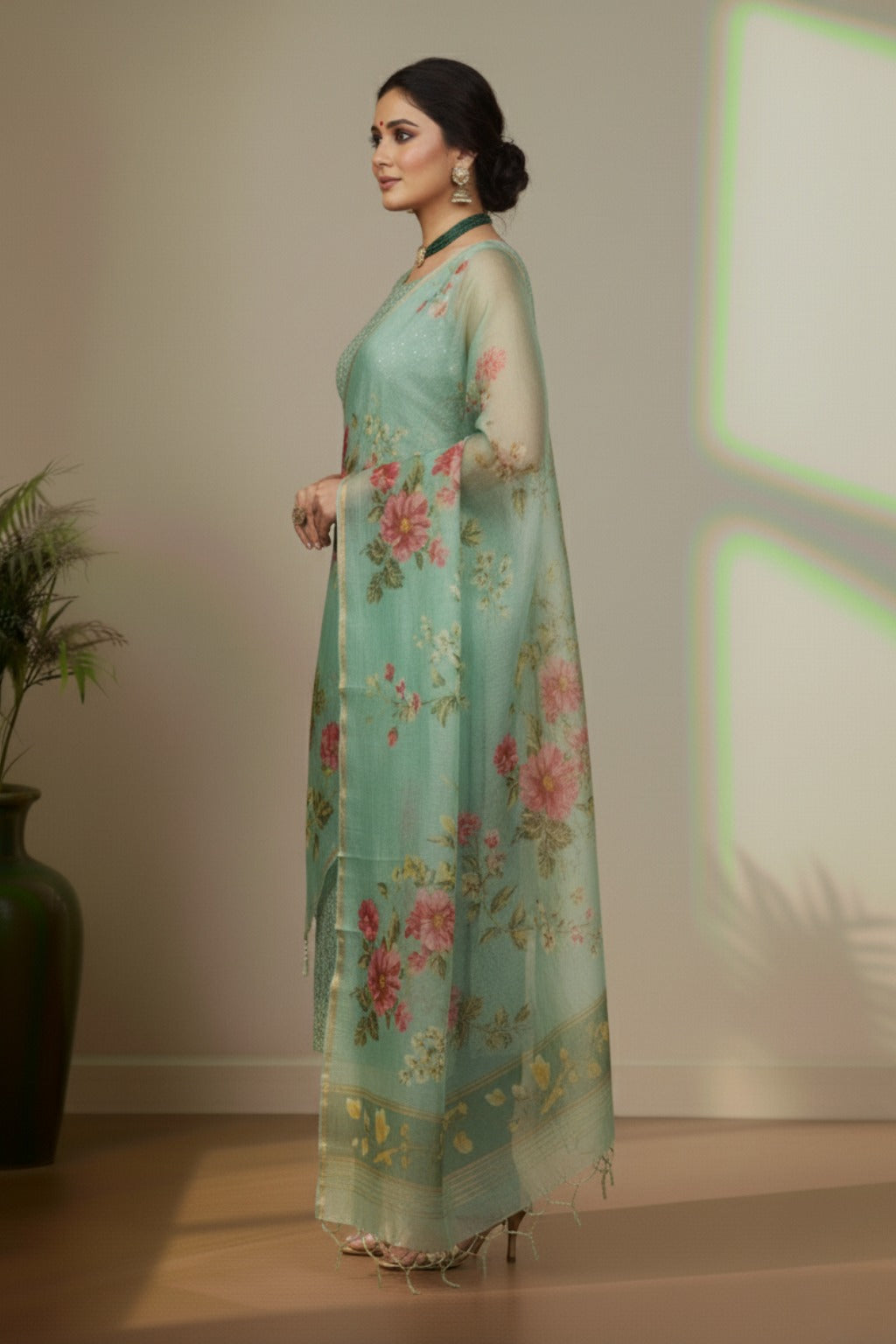 Light sea green organza kurti material set