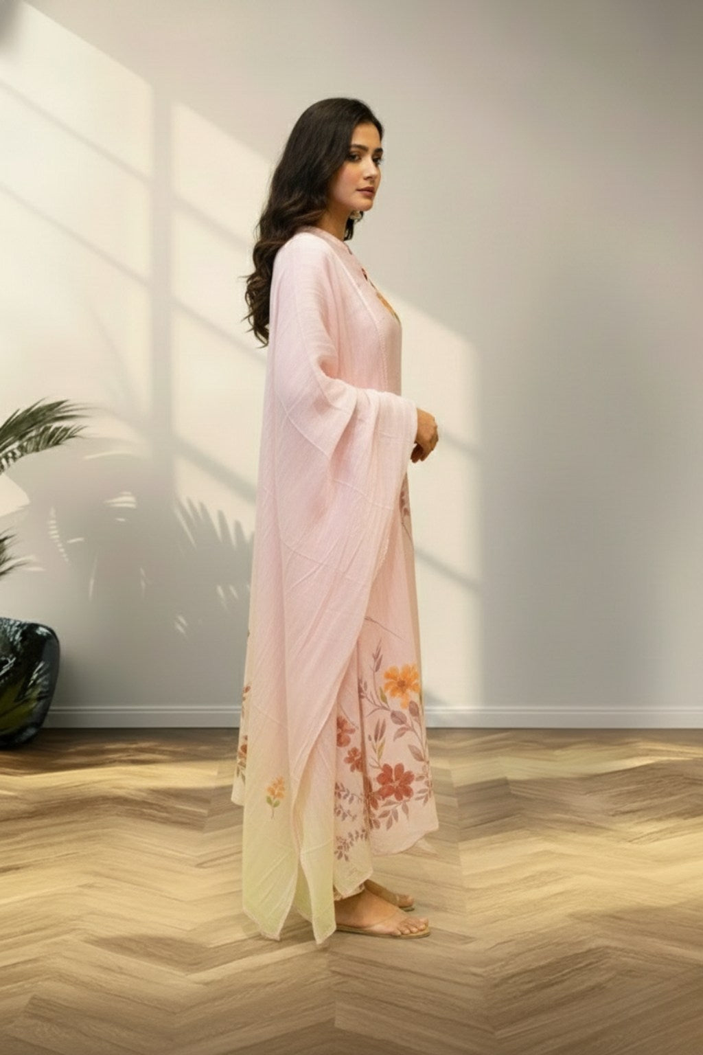 Baby pink tusser silk kurti set