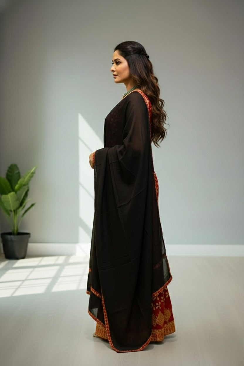 Red Modal silk with ajrak print kurti material