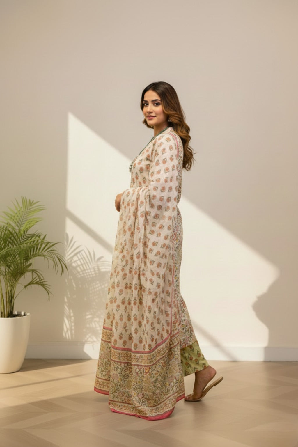 V neckline cotton kurti set