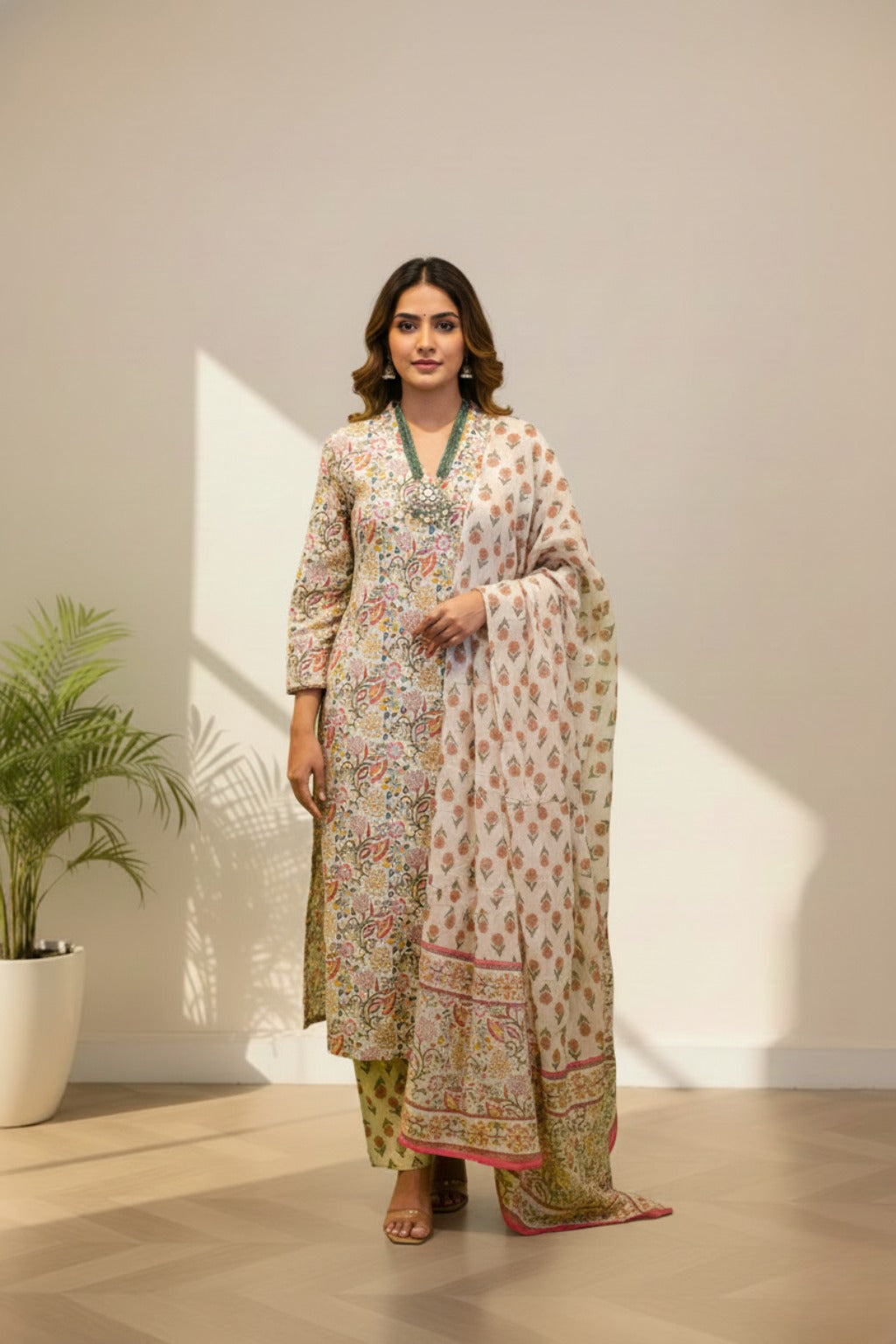 V neck cotton kurti set