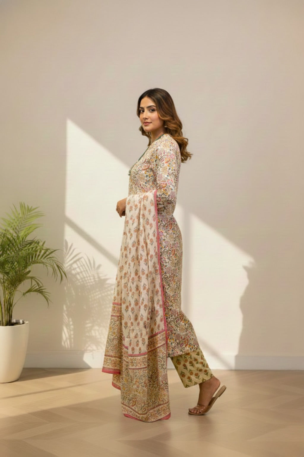 V neck cotton kurti set