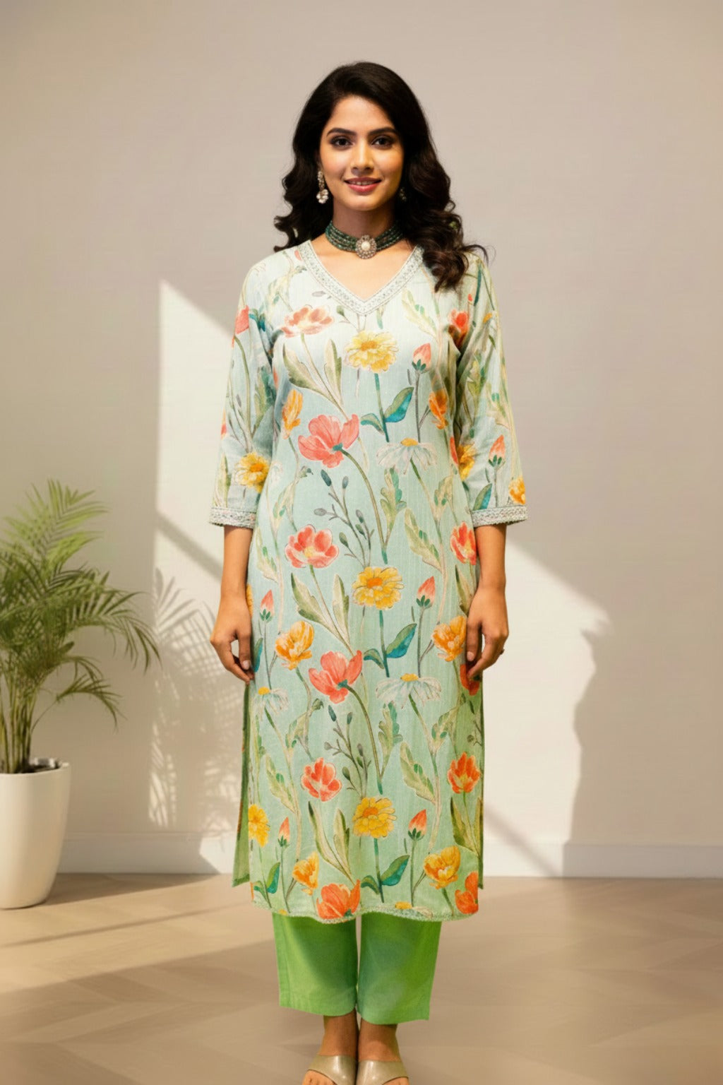 V- Neck kurti set cotton