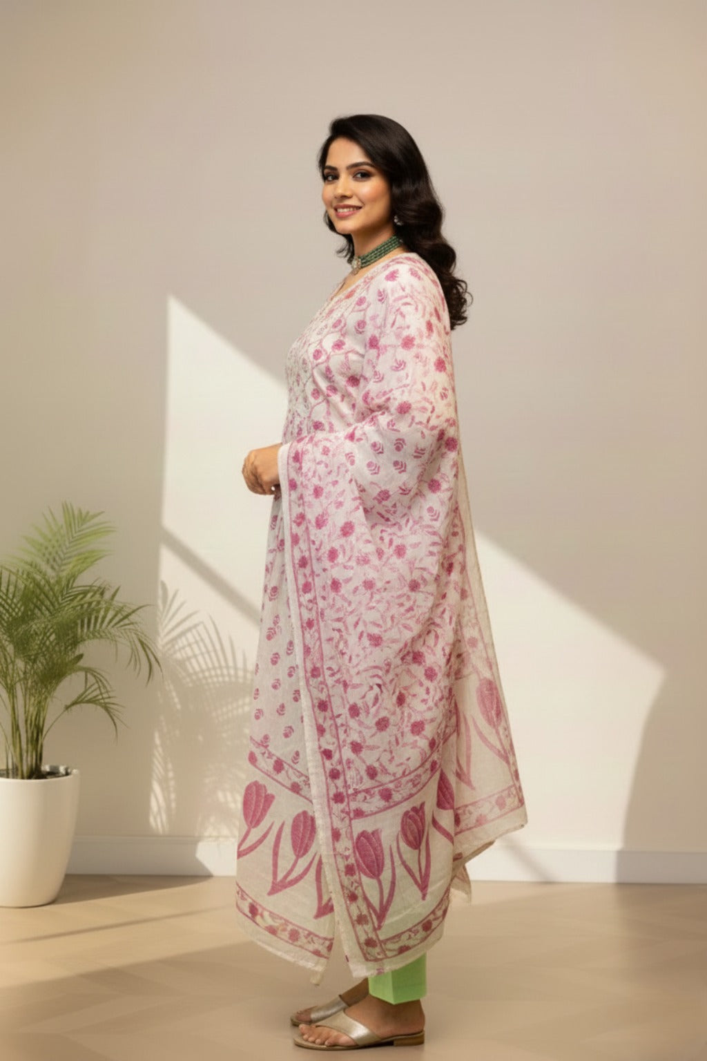 white cotton kurti set in lavender floral print