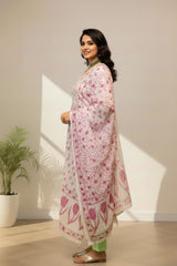 white cotton kurti set in lavender floral print