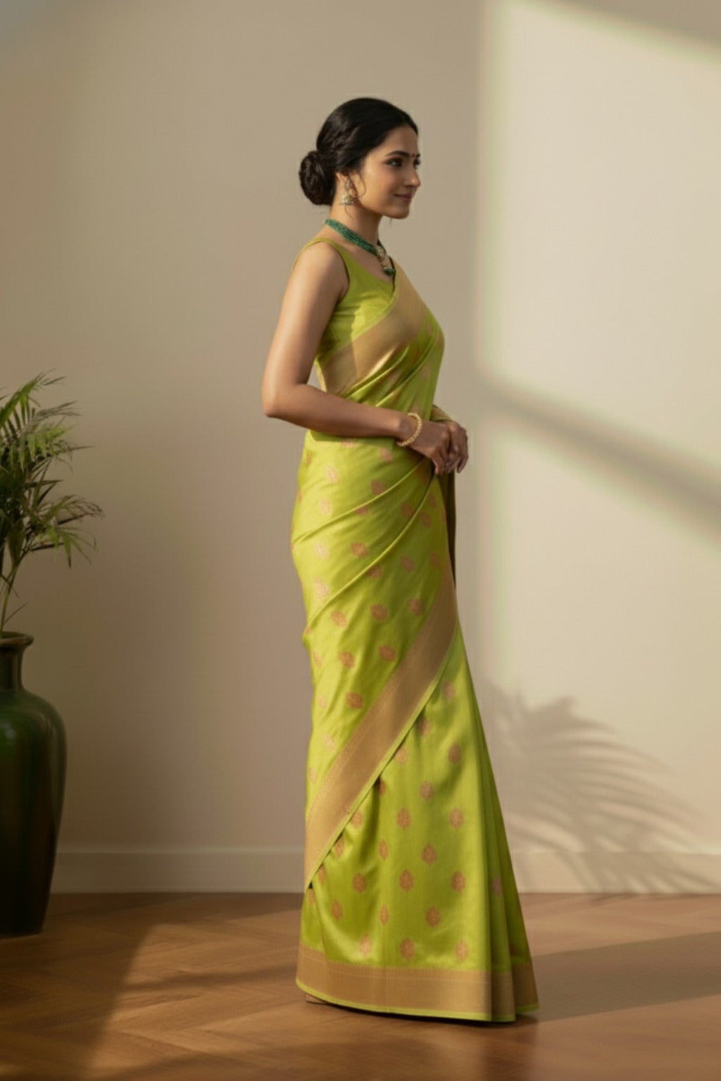 Yellow olive green banarasi saree