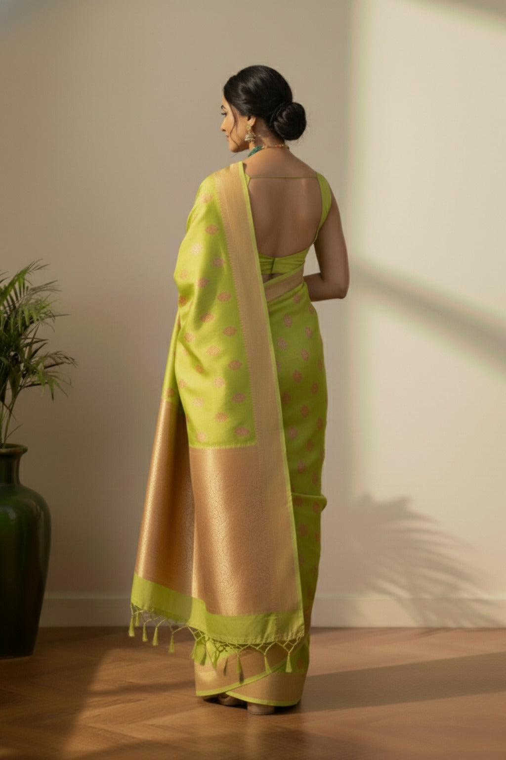 Yellow olive green banarasi saree