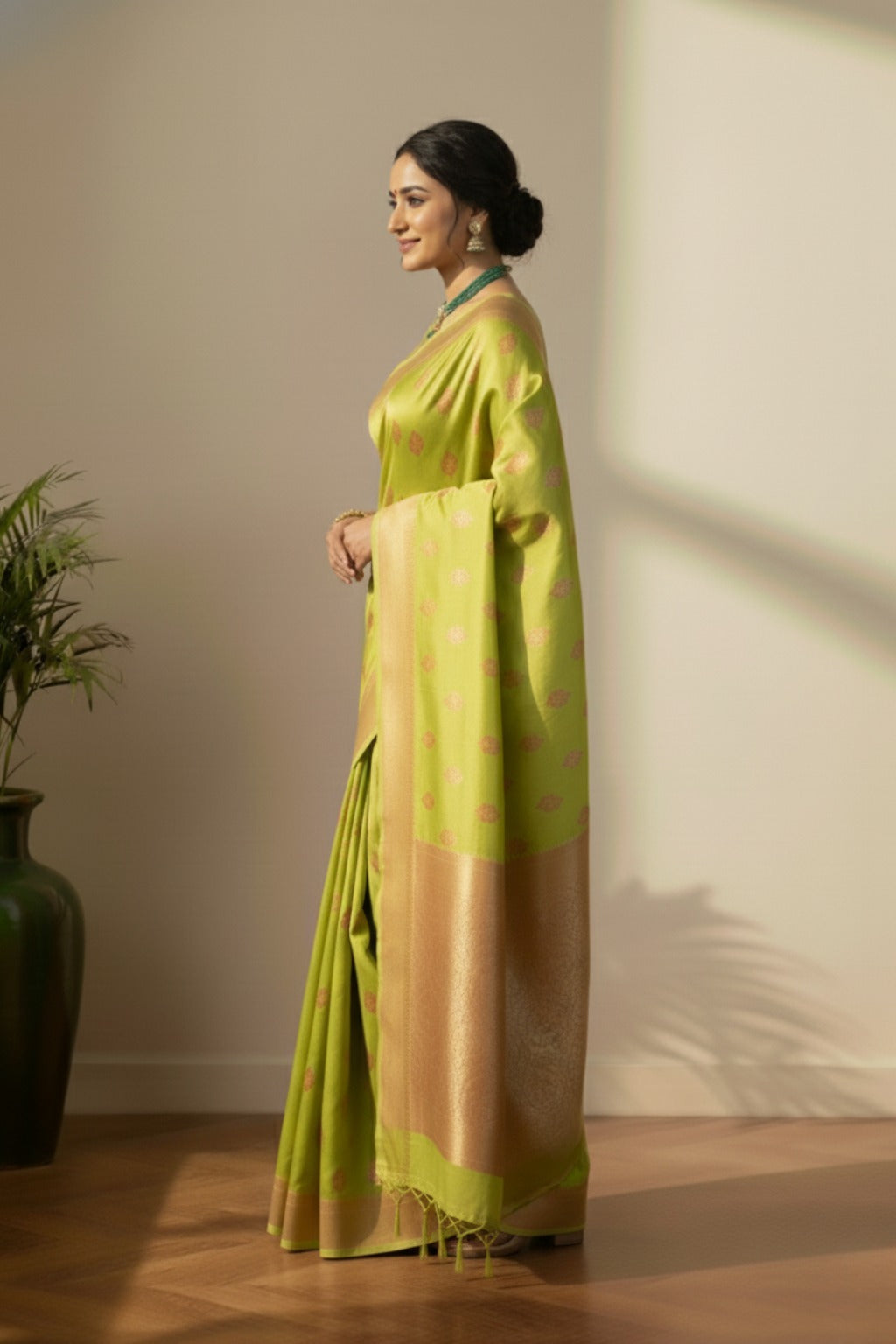 Yellow olive green banarasi saree