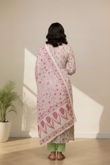 white cotton kurti set in lavender floral print